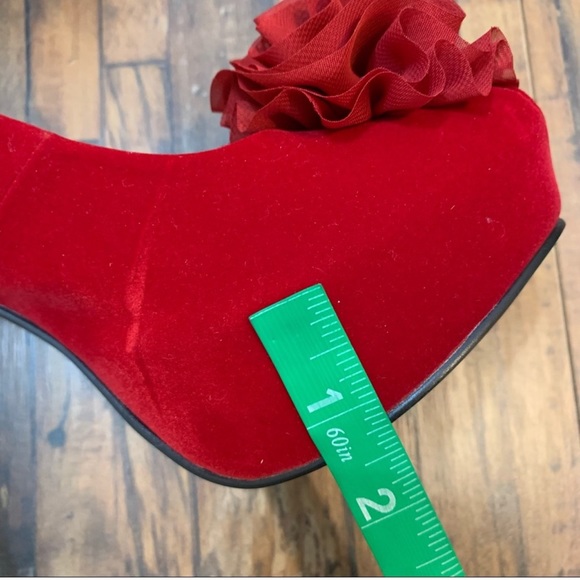 Red Velvet Flower Peep Toe Platform Heels - Picture 16 of 16